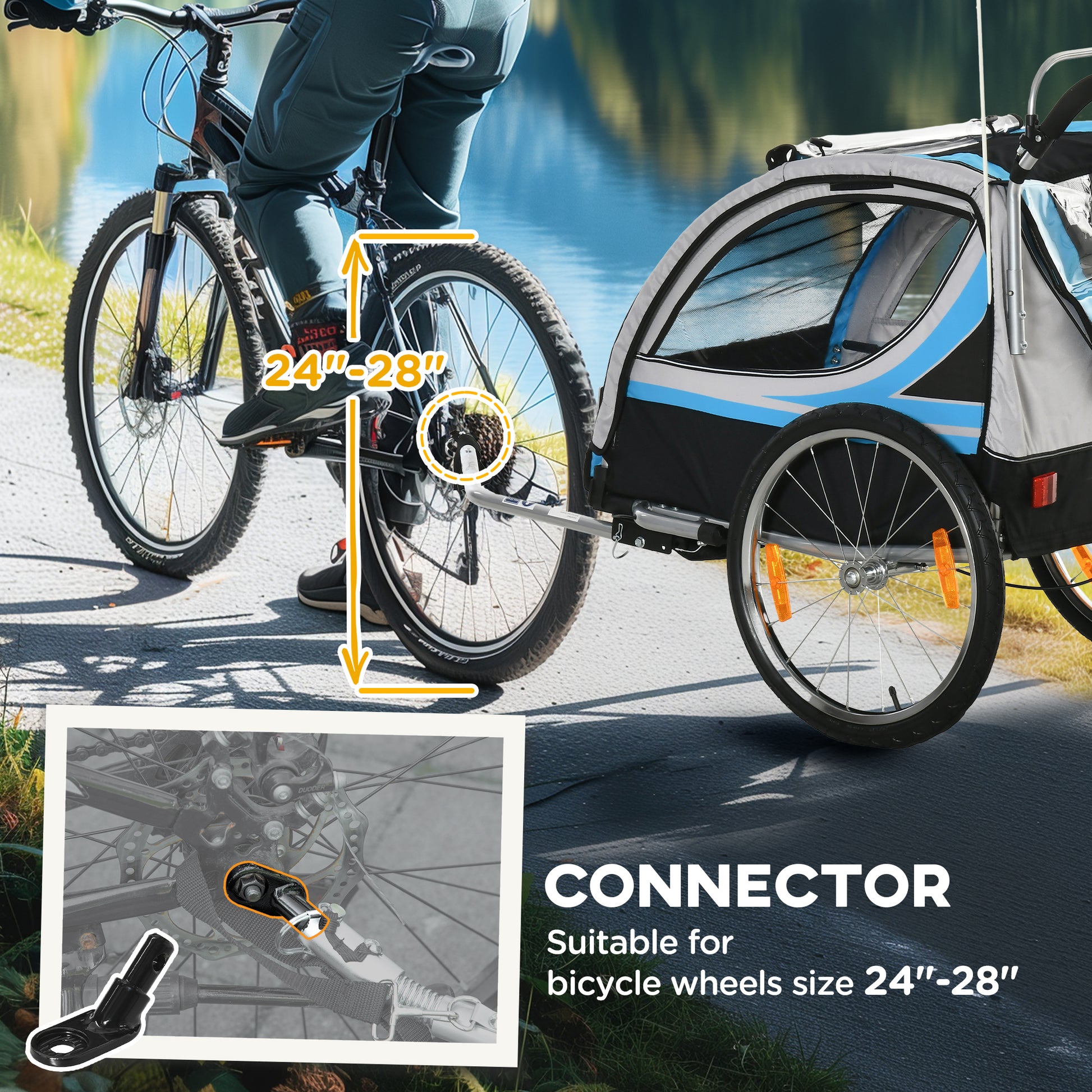 Aosom 2 Seat Bike Trailer for Kids 2-in-1 Double Baby Stroller with Handbrake, Rubber Wheels, 5 Point Harness, Waterproof Cover, Storage Bag, Reflectors, Blue