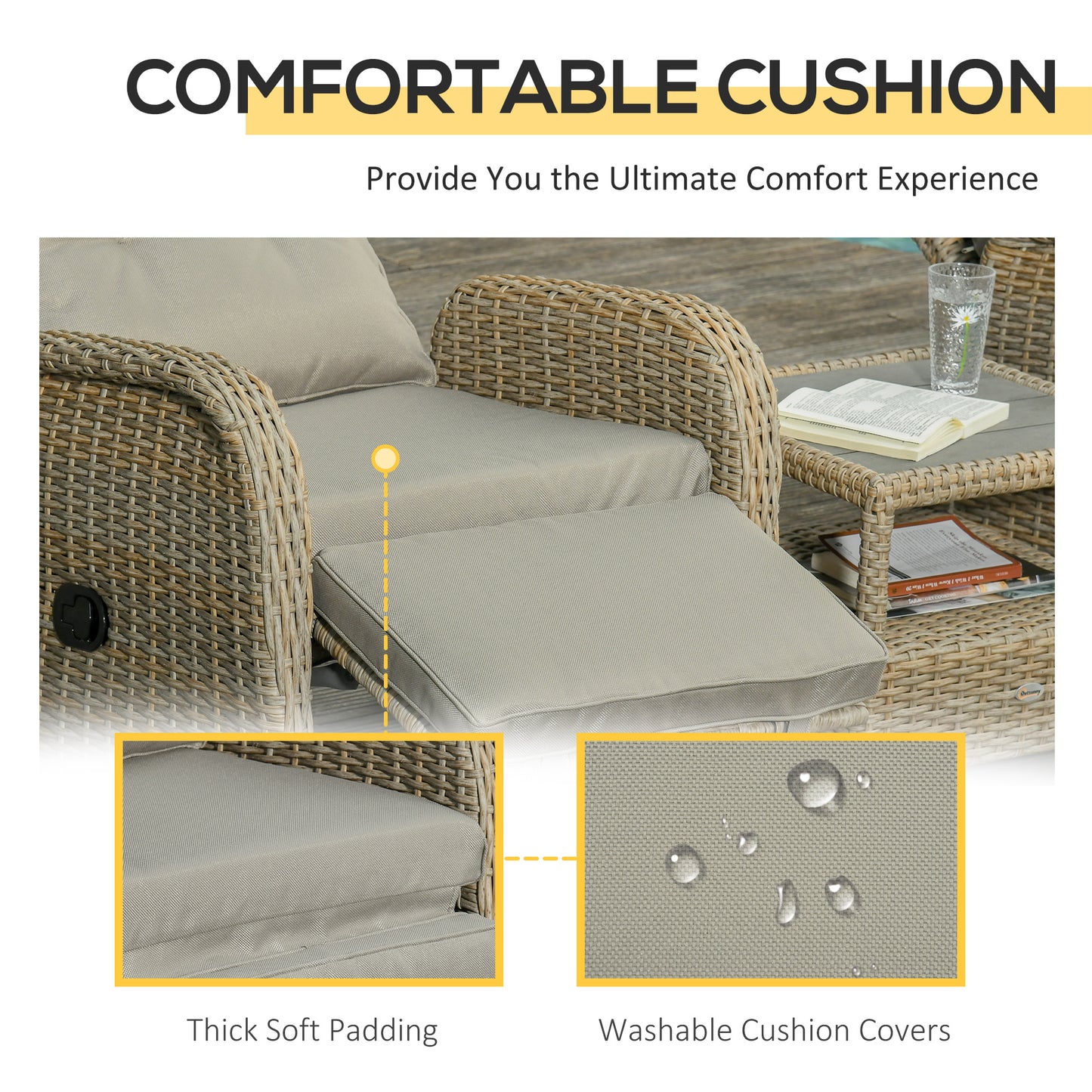 3 Pieces Patio Wicker Bistro Set, PE Rattan Coffee Table & Adjustable Recline Chairs Furniture Set with Cushions and Wood Grain Plastic Top, Khaki