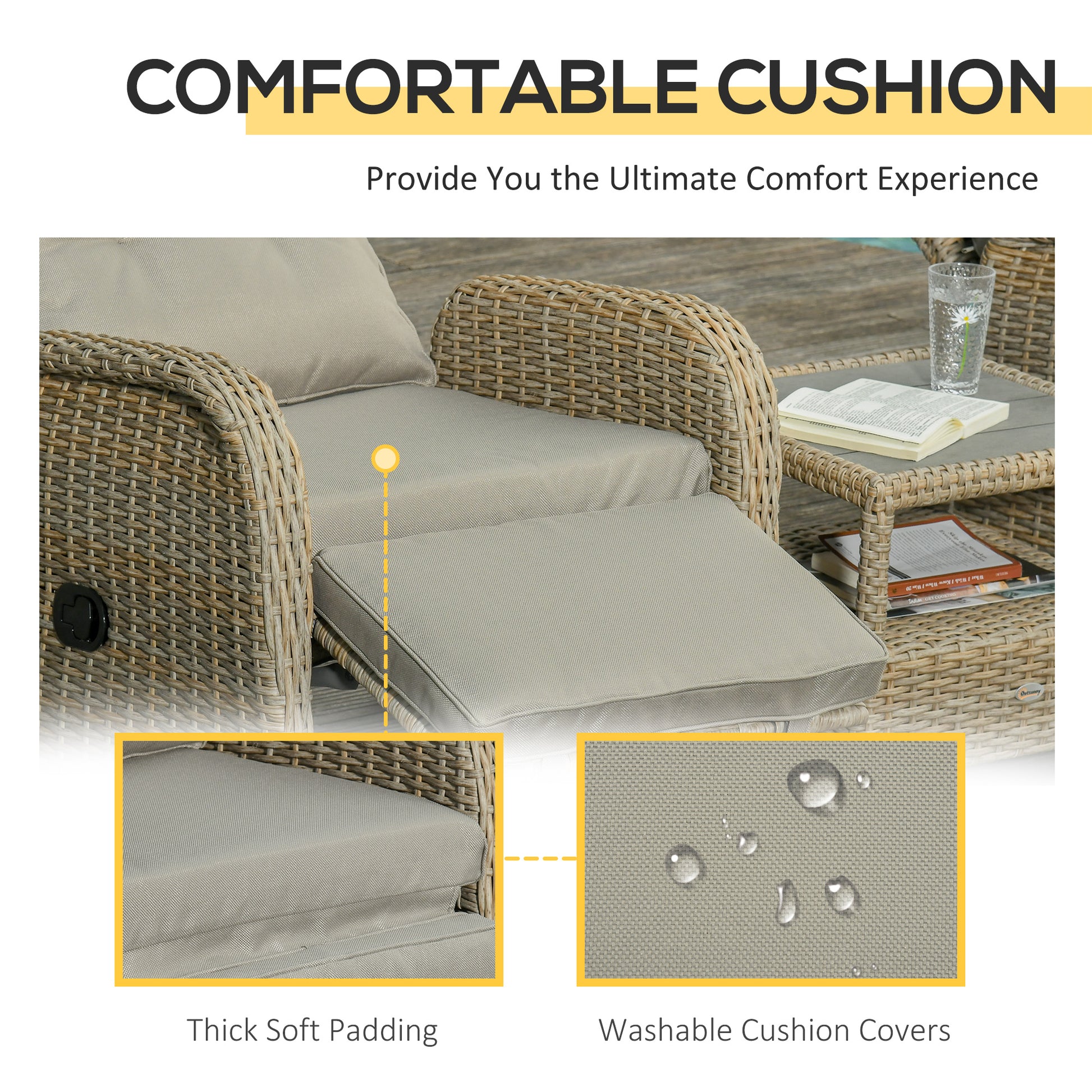 3 Pieces Patio Wicker Bistro Set, PE Rattan Coffee Table & Adjustable Recline Chairs Furniture Set with Cushions and Wood Grain Plastic Top, Khaki