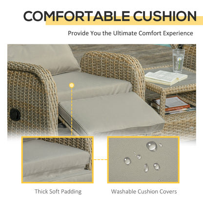 3 Pieces Patio Wicker Bistro Set, PE Rattan Coffee Table & Adjustable Recline Chairs Furniture Set with Cushions and Wood Grain Plastic Top, Khaki