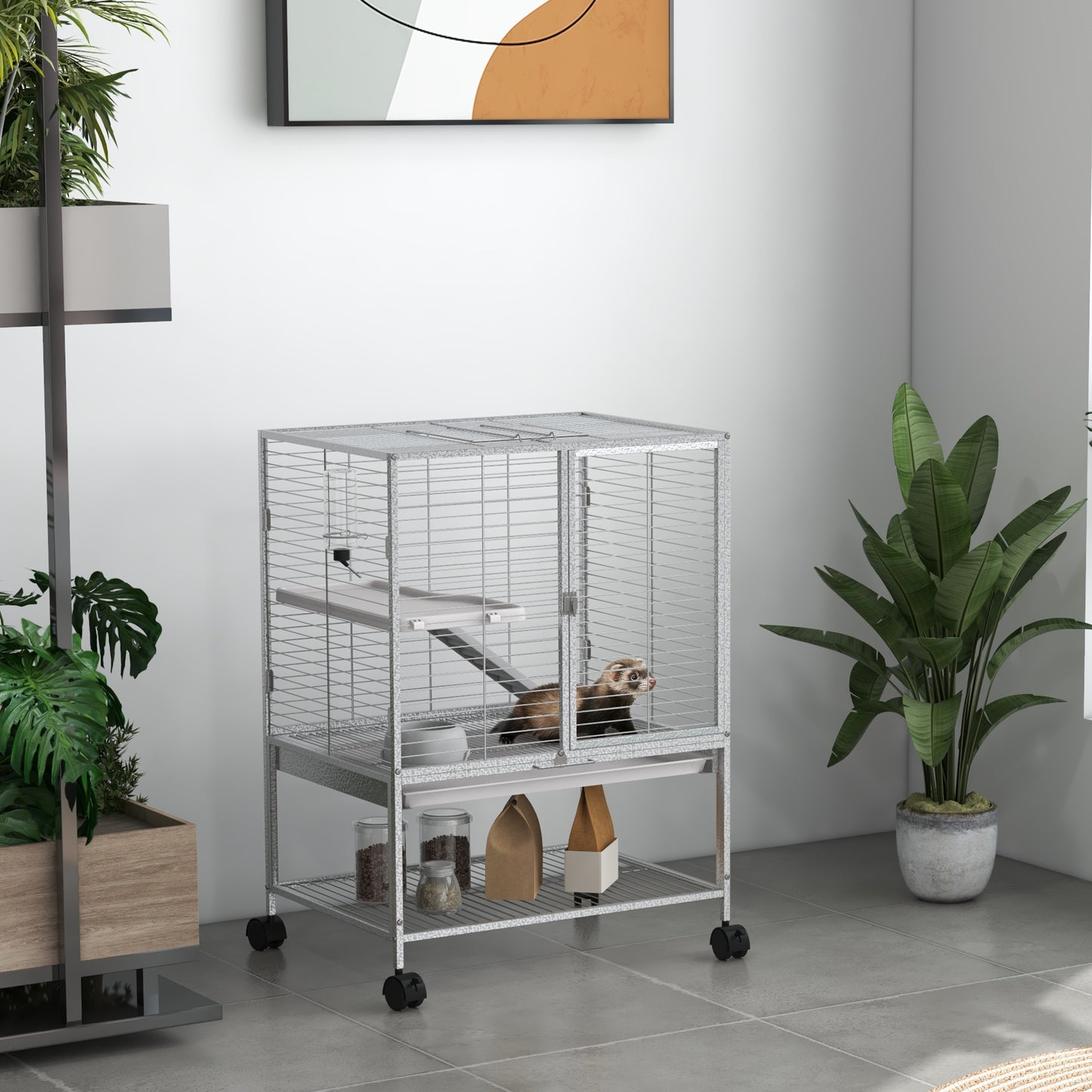 Rolling Small Animal Cage 34"H Chinchilla Cage for Ferrets, Squirrels w/ Removable Tray, Storage Shelf, Light Grey