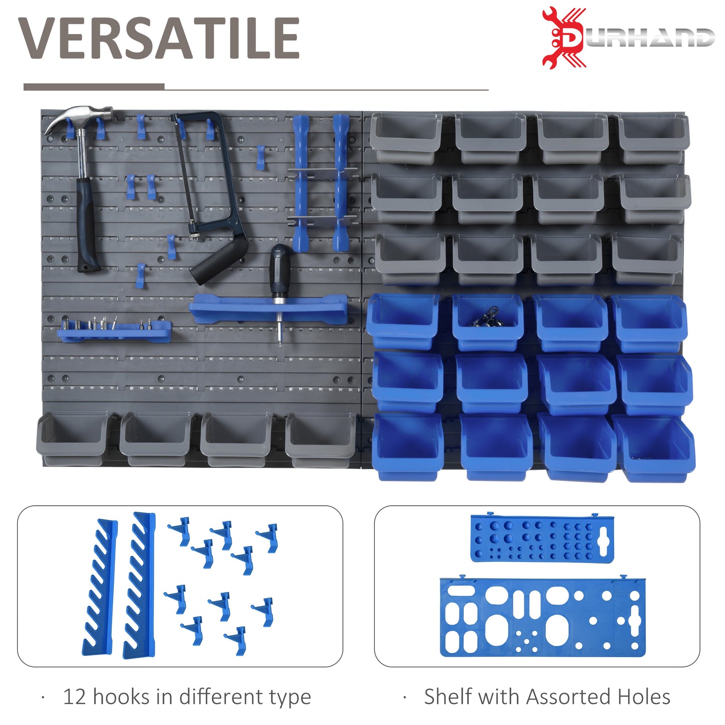 44PC Wall Mounted Storage Bins Parts Rack Kit with 2 Colour Parts, Hardware Screw Tool Organizer with Storage Bins, Pegboard and Hooks, Garage Plastic Organizer, Blue