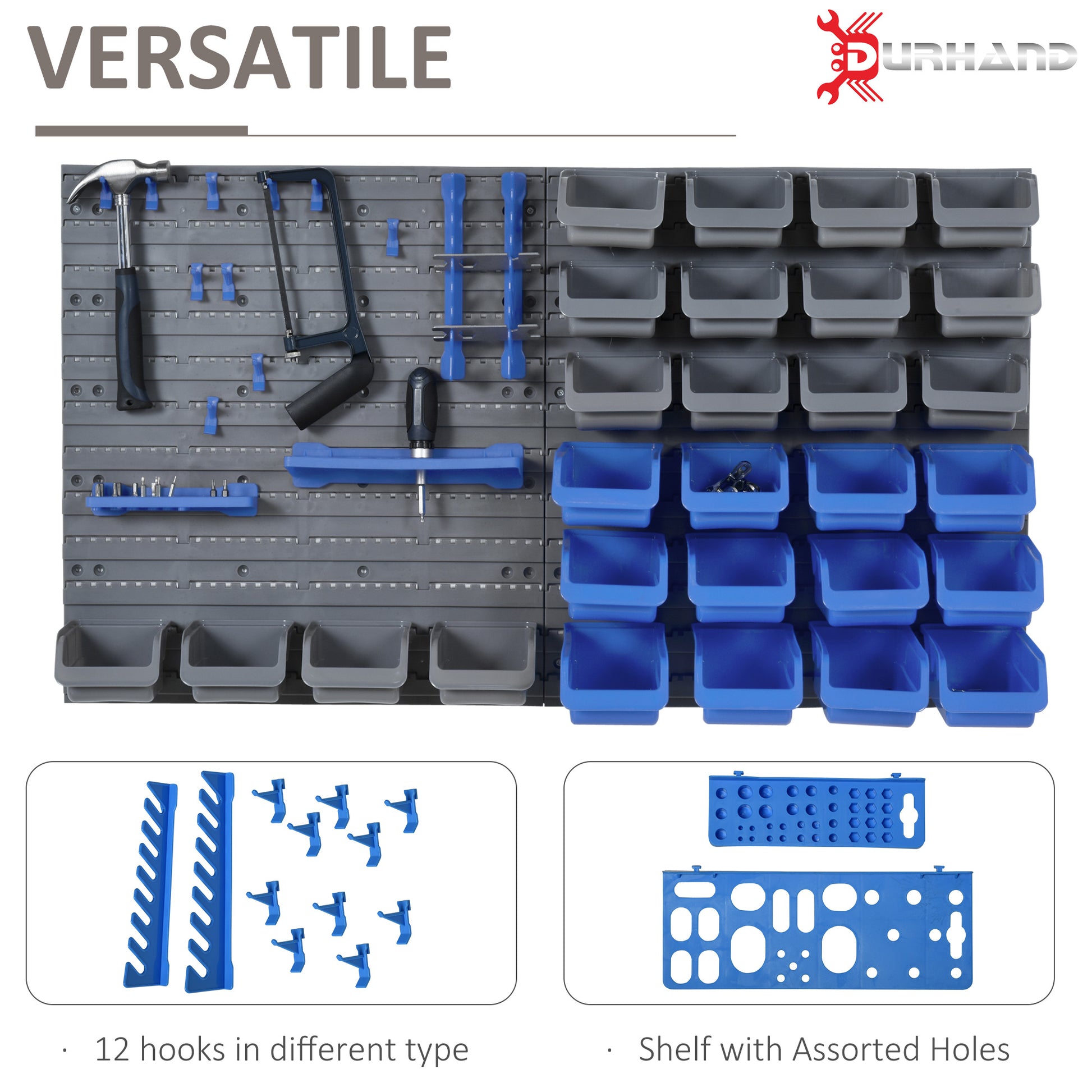 44PC Wall Mounted Storage Bins Parts Rack Kit with 2 Colour Parts, Hardware Screw Tool Organizer with Storage Bins, Pegboard and Hooks, Garage Plastic Organizer, Blue
