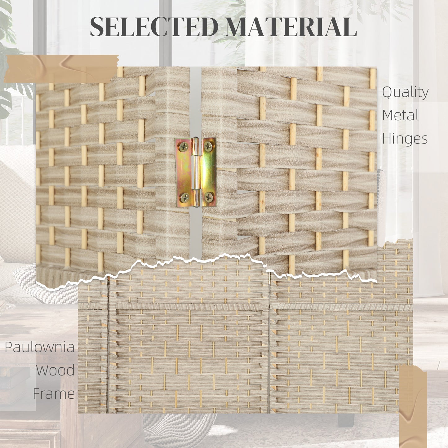 6 Ft Tall Folding Room Divider, 4 Panel Portable Privacy Screen, Hand-Woven Partition Wall Divider, Light Oak