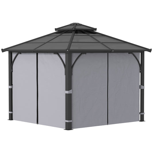10' x 10' Hardtop Gazebo with 7mm Polycarbonate Double-Tier Roof, Outdoor Gazebo with Netting and Curtains, Dark Grey