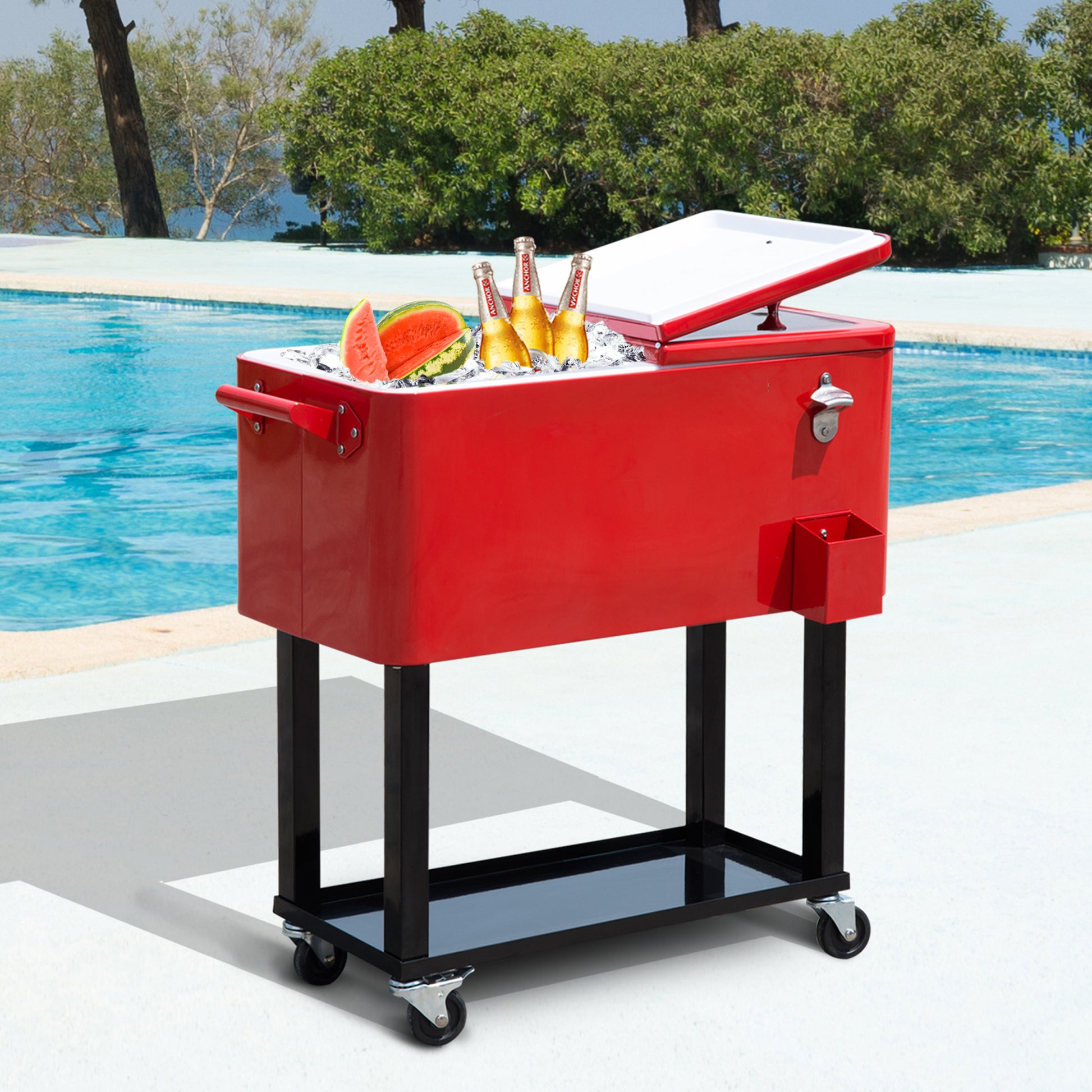 80 Quart Rolling Cooler Cart Portable Patio Ice Beer Beverage Cooling Bin w/ Bottle Opener & Storage Shelf Red
