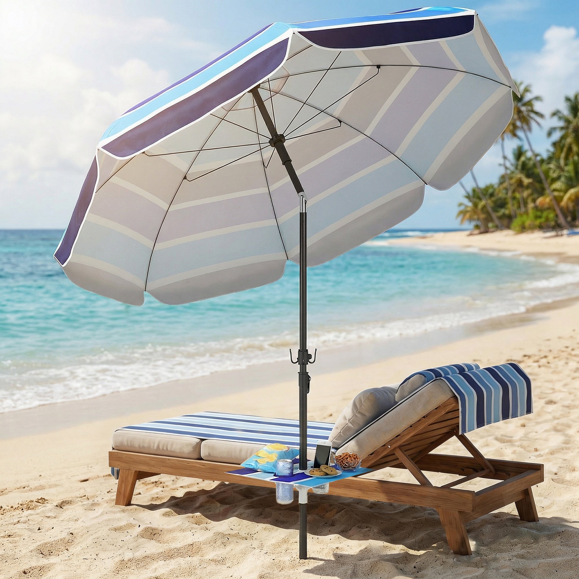 Beach Umbrella Adjustable Tilt Sunshade with Foldable Table Cup Holder 78" Multicolor