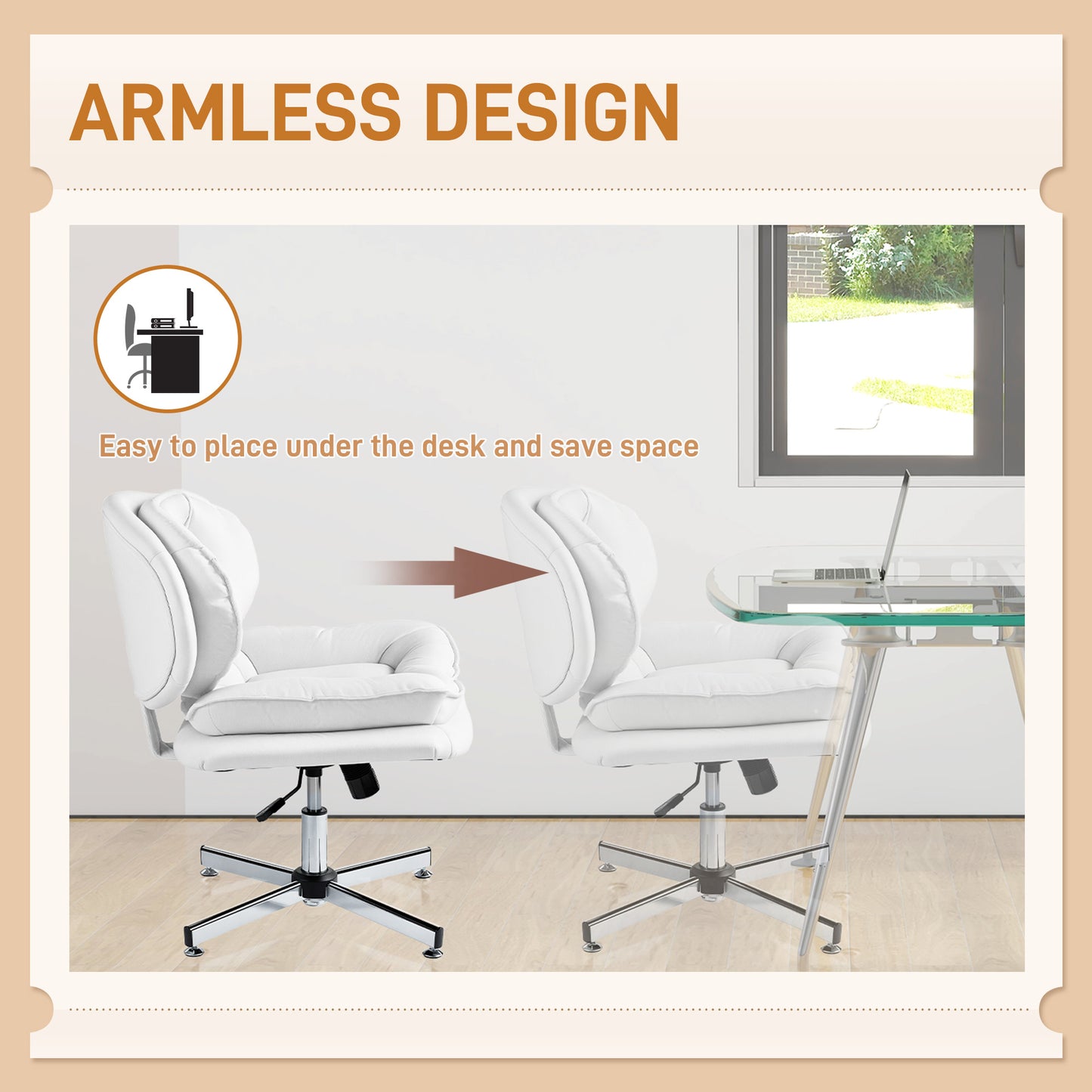 Criss Cross Chair, Armless Wide Office Chair with Leathaire Upholstery, Tilting, No Wheels, White