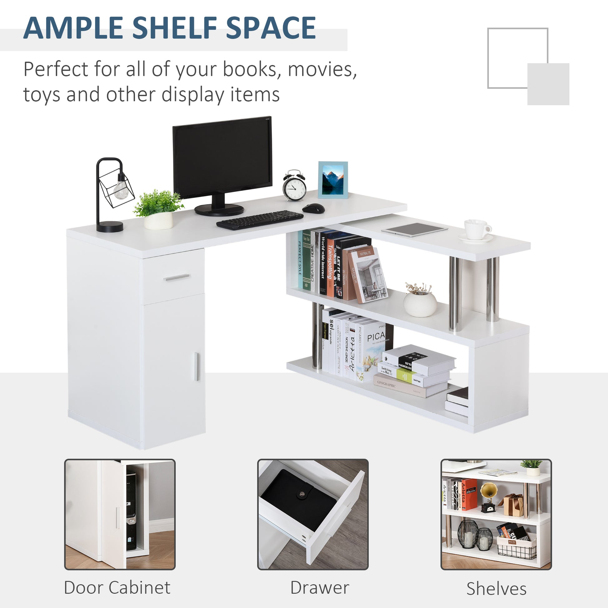 L-Shaped Rotating Computer Desk Home Office Study Workstation with Storage Shelves, Cabinet and Drawer for Home & Office, White