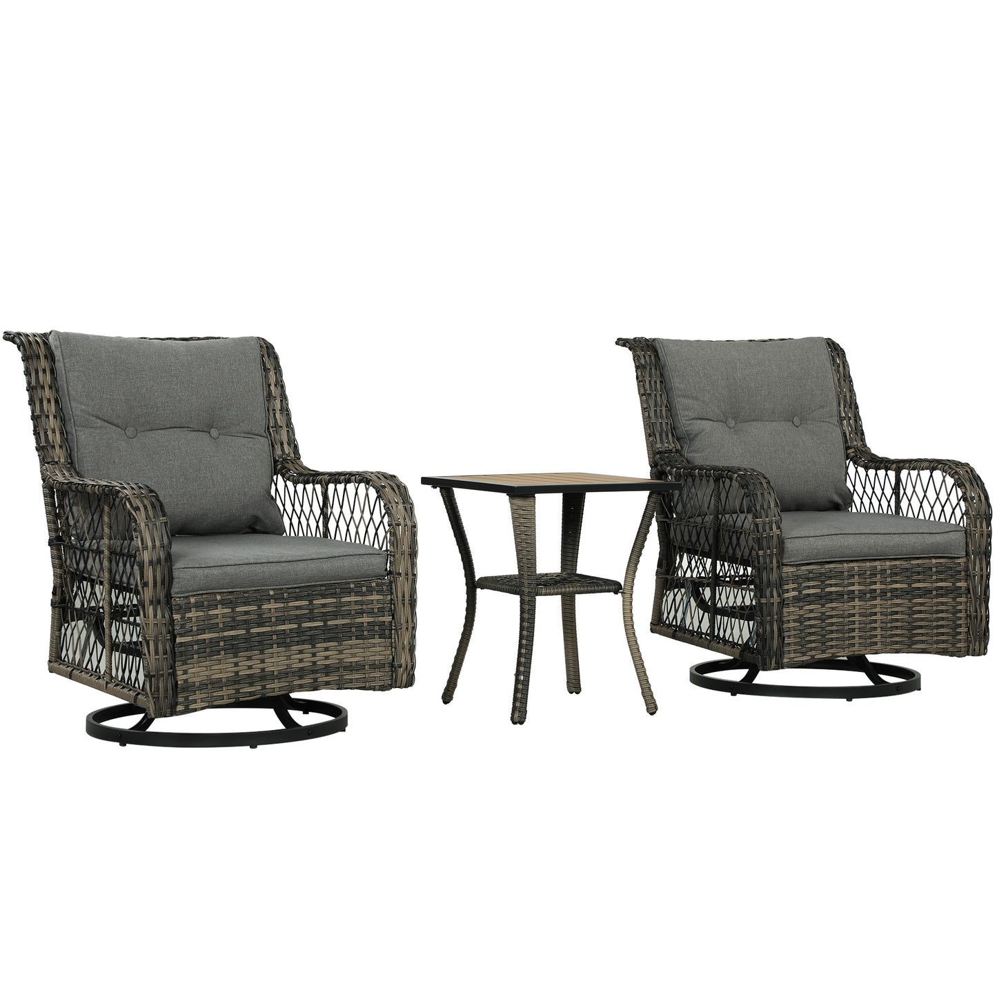 3-Piece Outdoor Bistro Set, Wicker Patio Furniture Set with Swivel Glider Chairs for Balcony, Porch and Small Outdoor Spaces, Grey