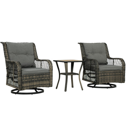 3-Piece Outdoor Bistro Set, Wicker Patio Furniture Set with Swivel Glider Chairs for Balcony, Porch and Small Outdoor Spaces, Grey