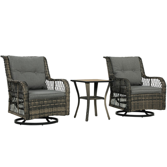 3-Piece Outdoor Bistro Set, Wicker Patio Furniture Set with Swivel Glider Chairs for Balcony, Porch and Small Outdoor Spaces, Grey