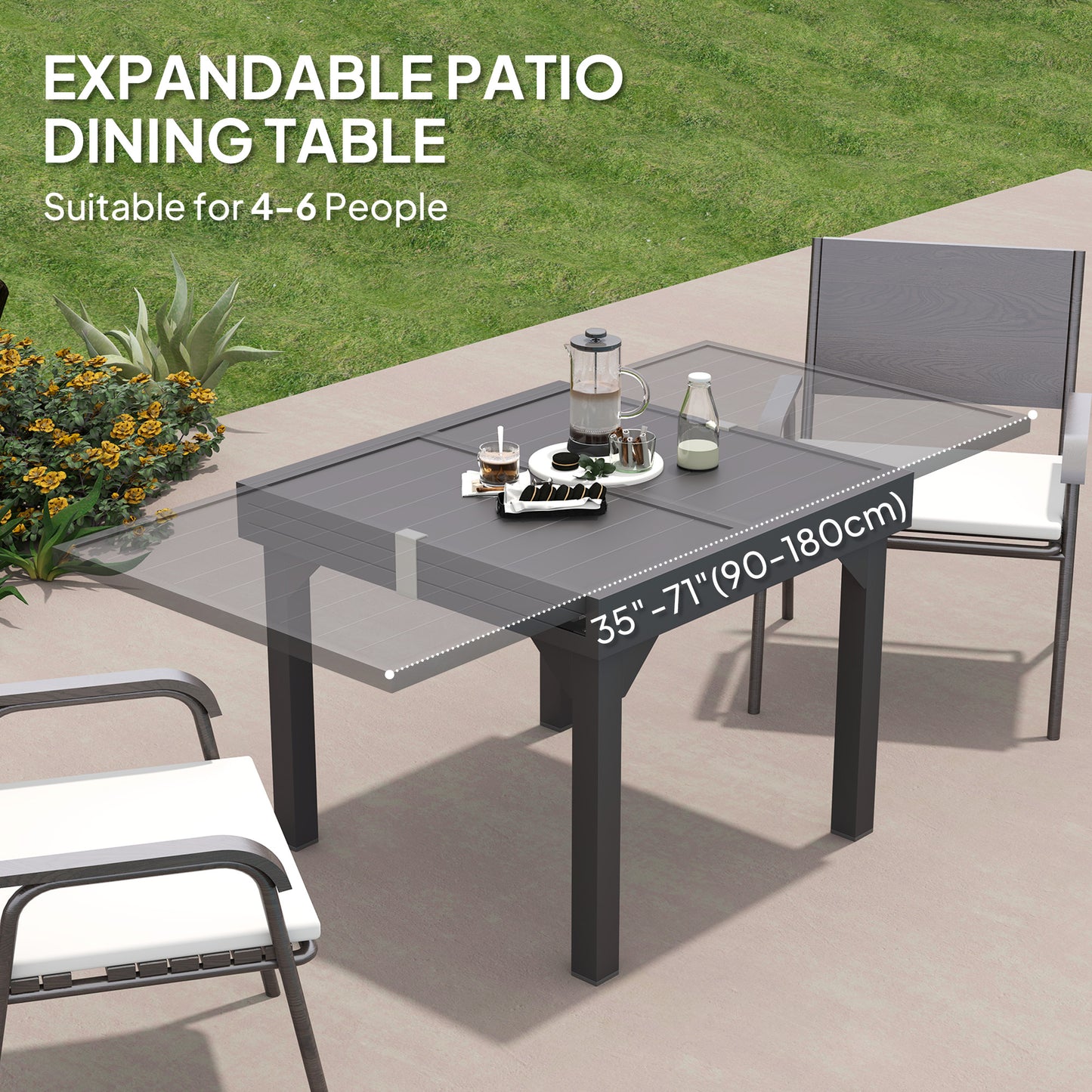 35"-71" Extendable Aluminium Outdoor Dining Table, Slatted Top Patio Table for 4-6 Person, for Garden, Backyard, Grey