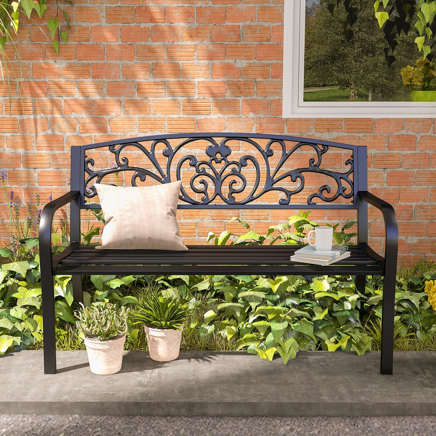 50" 2-Seater Garden Bench Chair, Outdoor Blossoming Pattern Garden Decorative Loveseat Bench for Yard, Lawn, Porch, Black