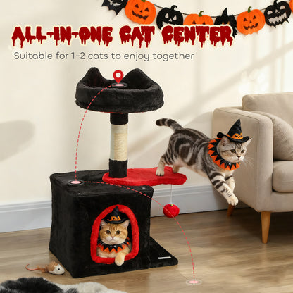 28" Gothic Cat Tree Tower with Plush Top Bed, Cozy Condo, Sisal Scratching Post, Perch, Dangling Ball, Red & Black