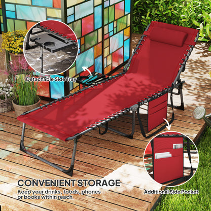 Folding Lounge Chair, Outdoor Chaise Lounge Tanning Chair with Adjustable Back, Side Table, Headrest, Red