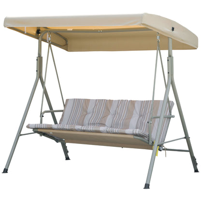 3-Seat Patio Swing Chair, Outdoor Porch Swing Glider with Adjustable Canopy, Light Brown