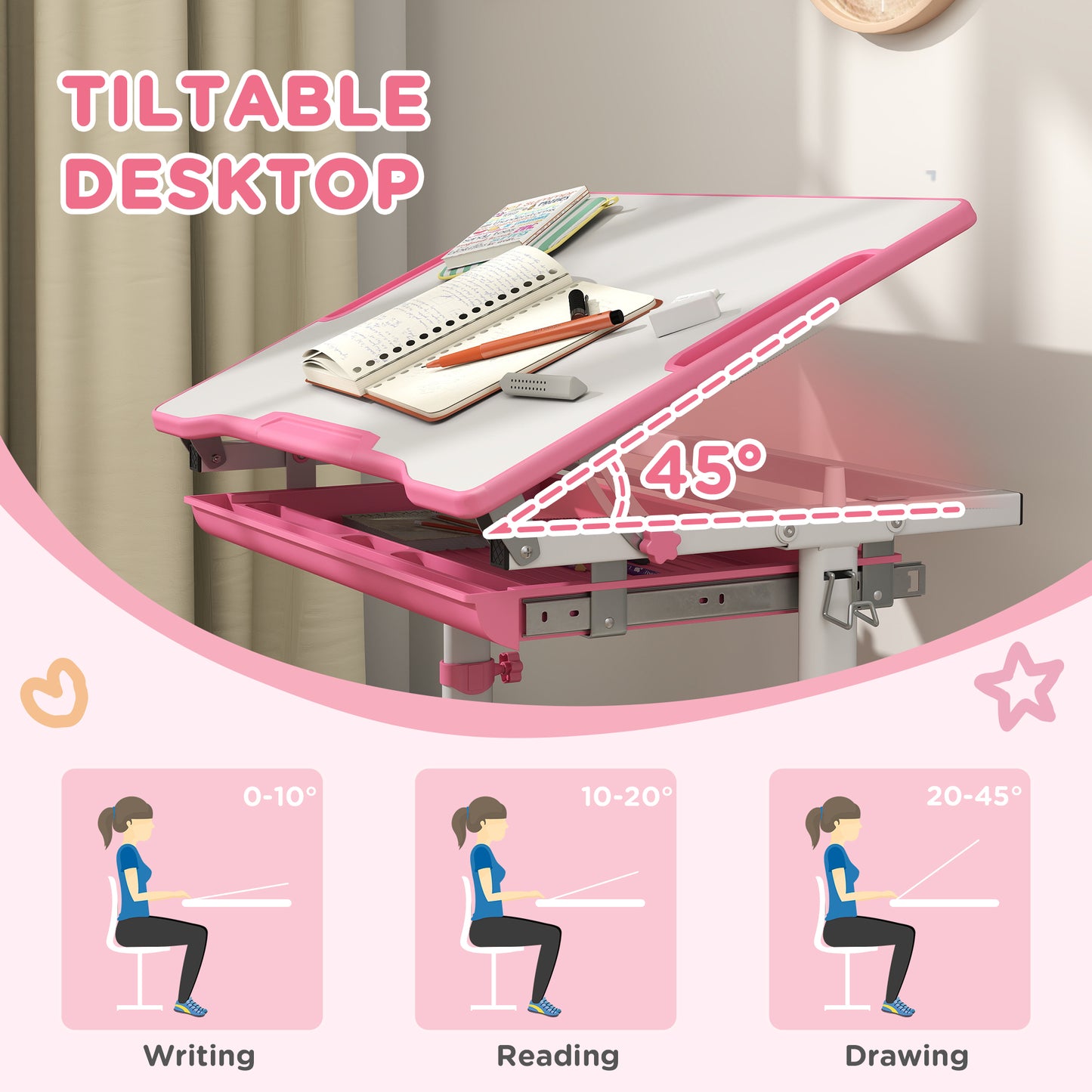 Qaba Height Adjustable Study Table and Chair Set with Drawer, Pen Slot, Tiltable Desktop, Hook, Pink