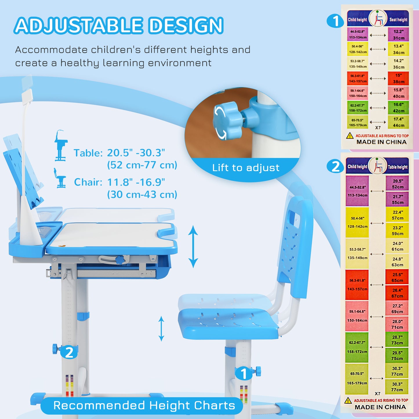 Qaba Kids Desk and Chair Set Height Adjustable Student Writing Desk Children School Study Table with Tilt Desktop, Blue