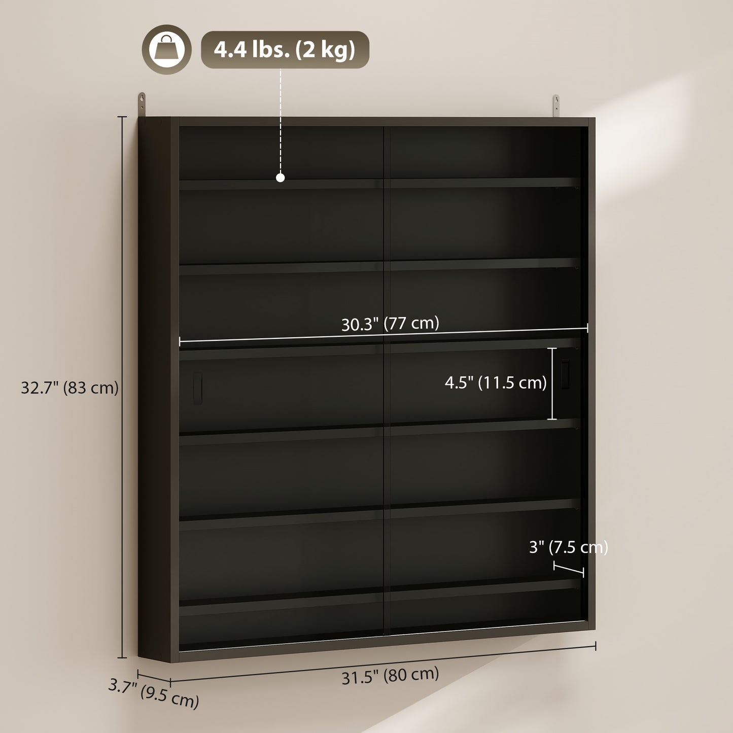 7-Tier Display Cabinet, Shot Glass Display Case, Glass Curio Cabinet with 2 Glass Doors and 6 Adjustable Shelves, Black