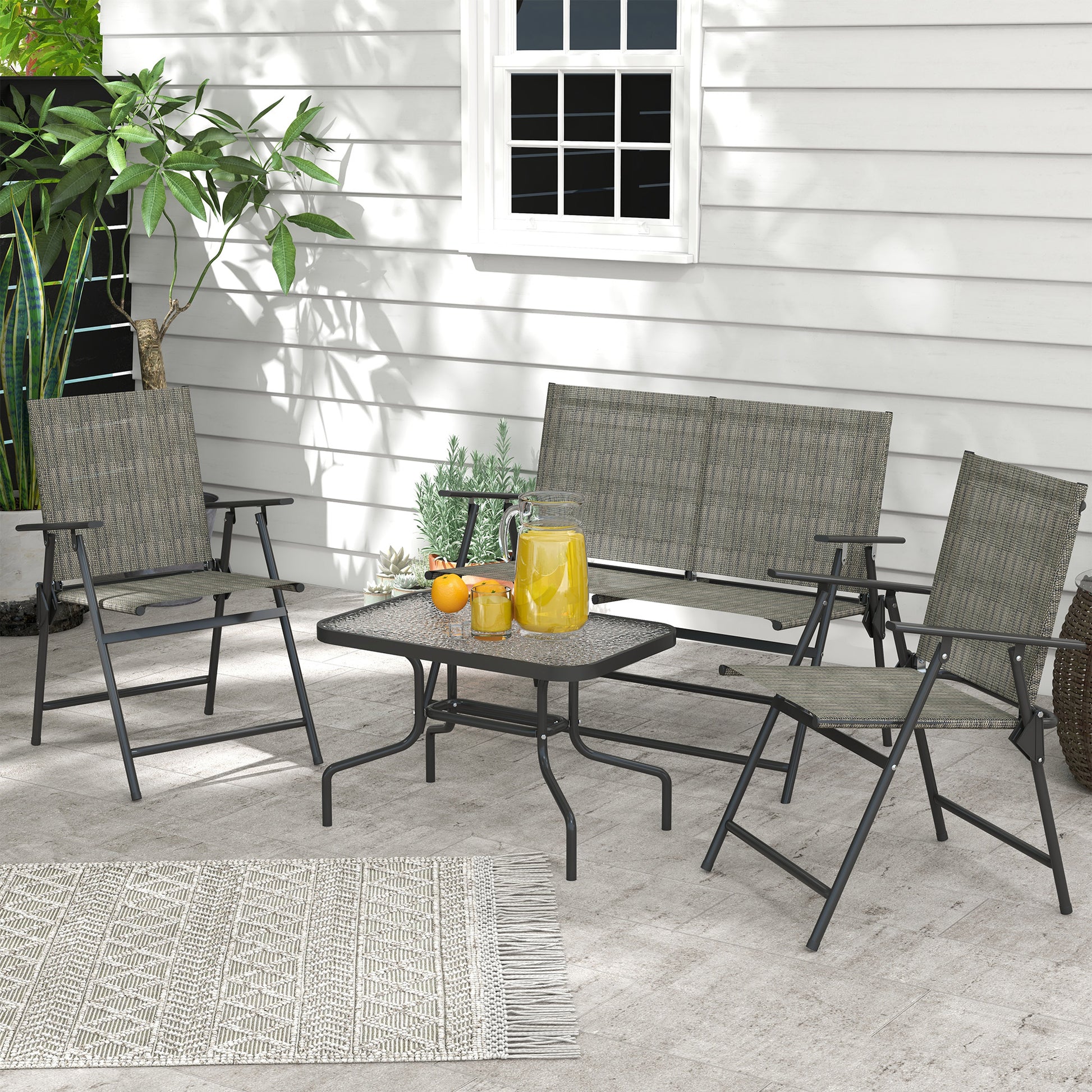 Outdoor 4 Pieces Patio Furniture Set, Garden Set with Two Foldable Armchairs, a Loveseat & Glass Top Table, Mixed Brown