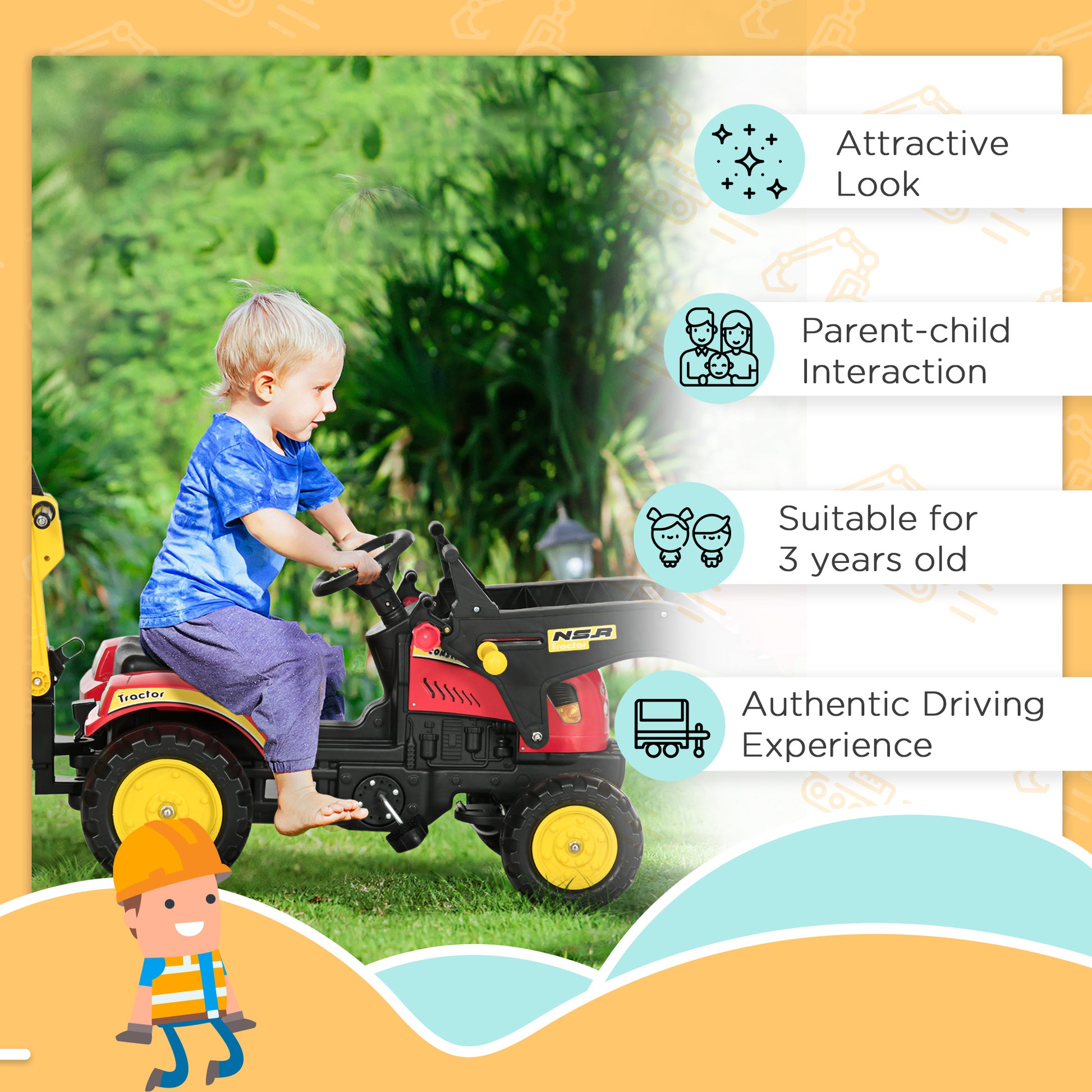 Aosom Ride on Toy Dump Truck for Kids, Pedal Construction Car with Detachable Trailer for 3 Year Old, Red