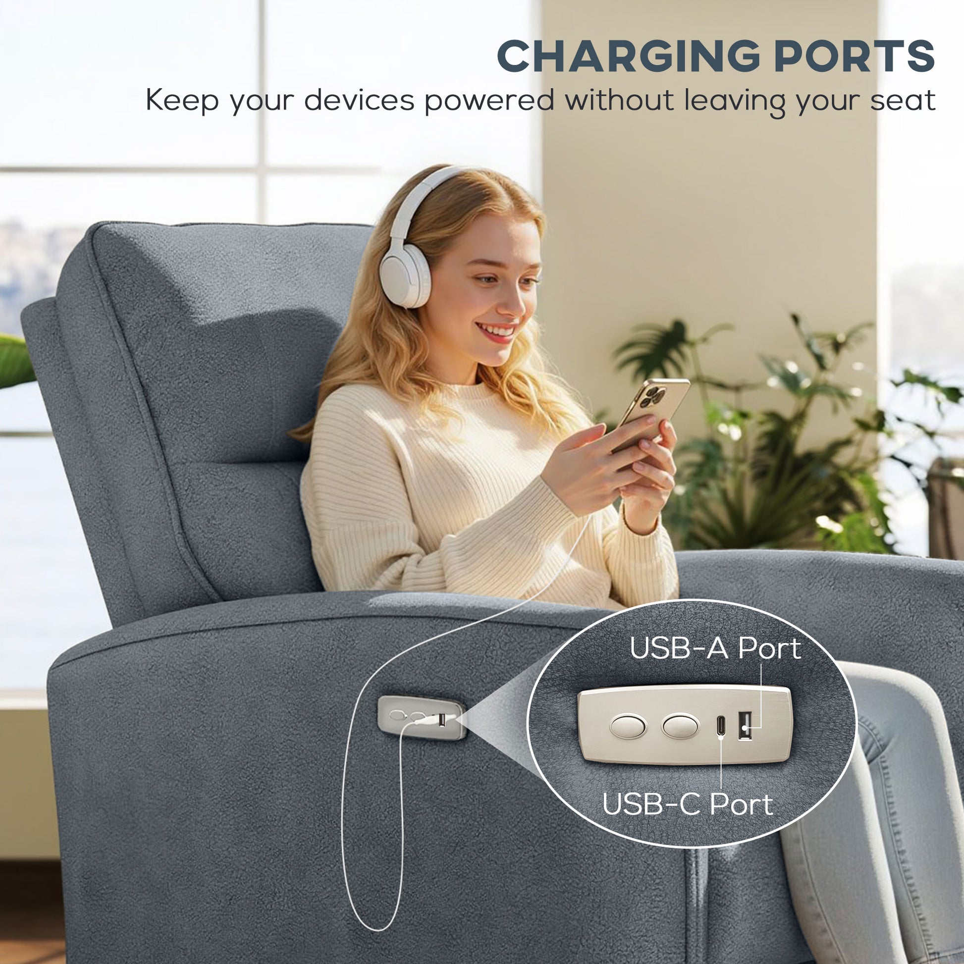 Power Recliner Chair, Fabric Upholstered Recliner Chair with USB Ports, Footrest, Charcoal Grey