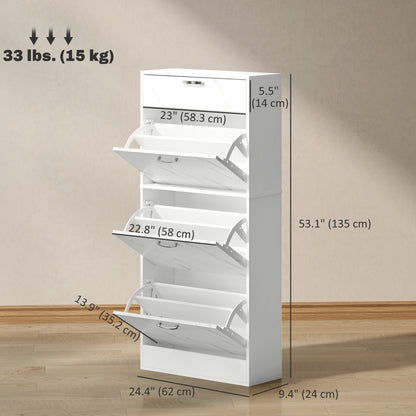 3 Flip Drawer Shoe Cabinet, Marble-Effect Narrow Shoe Storage Cabinet with Top Drawer and Adjustable Shelves, White