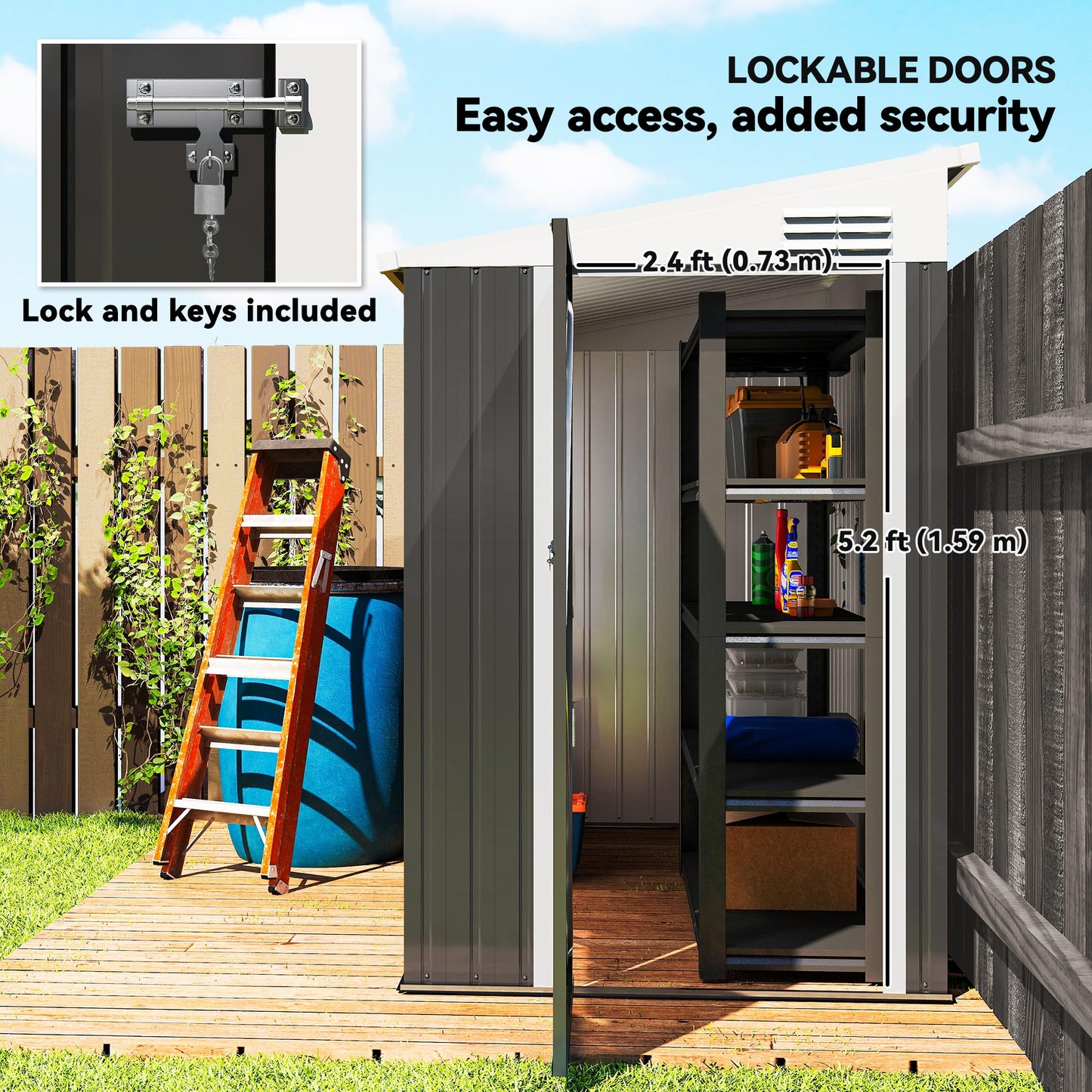 4' x 8' Outdoor Storage Shed Lean to Shed Outdoor Metal Tool Shed with Lockable Door and Air Vents, Dark Grey