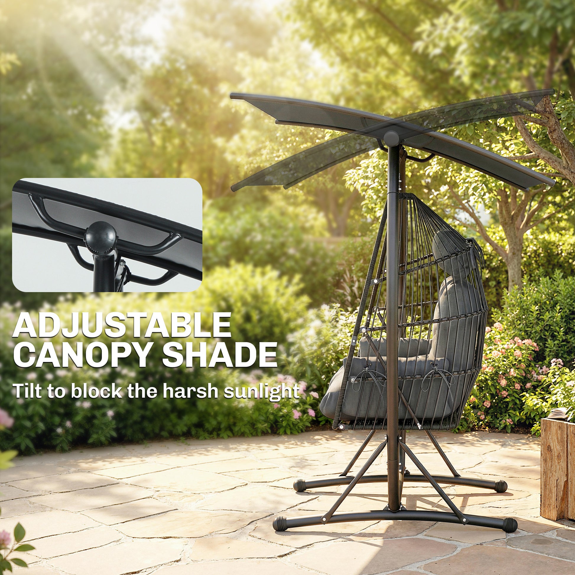 Hanging Double Egg Chair Outdoor Egg Swing Chair with Canopy, Cushion, Stand, Dark Grey