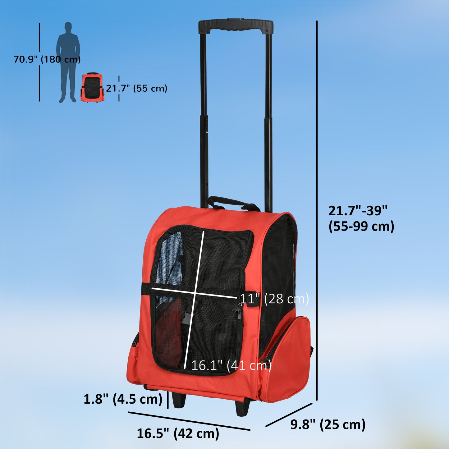 2-IN-1 Pet Luggage Box Backpack Carrier Cats Dogs w/ Handle, Rolling Wheel Red