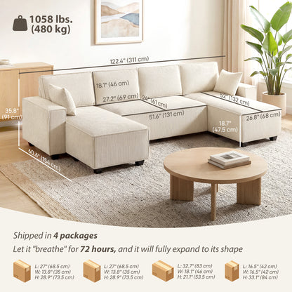 Modular U Shaped Couch, Sectional Sofa with Double Chaises and Spring Cushions, Beige