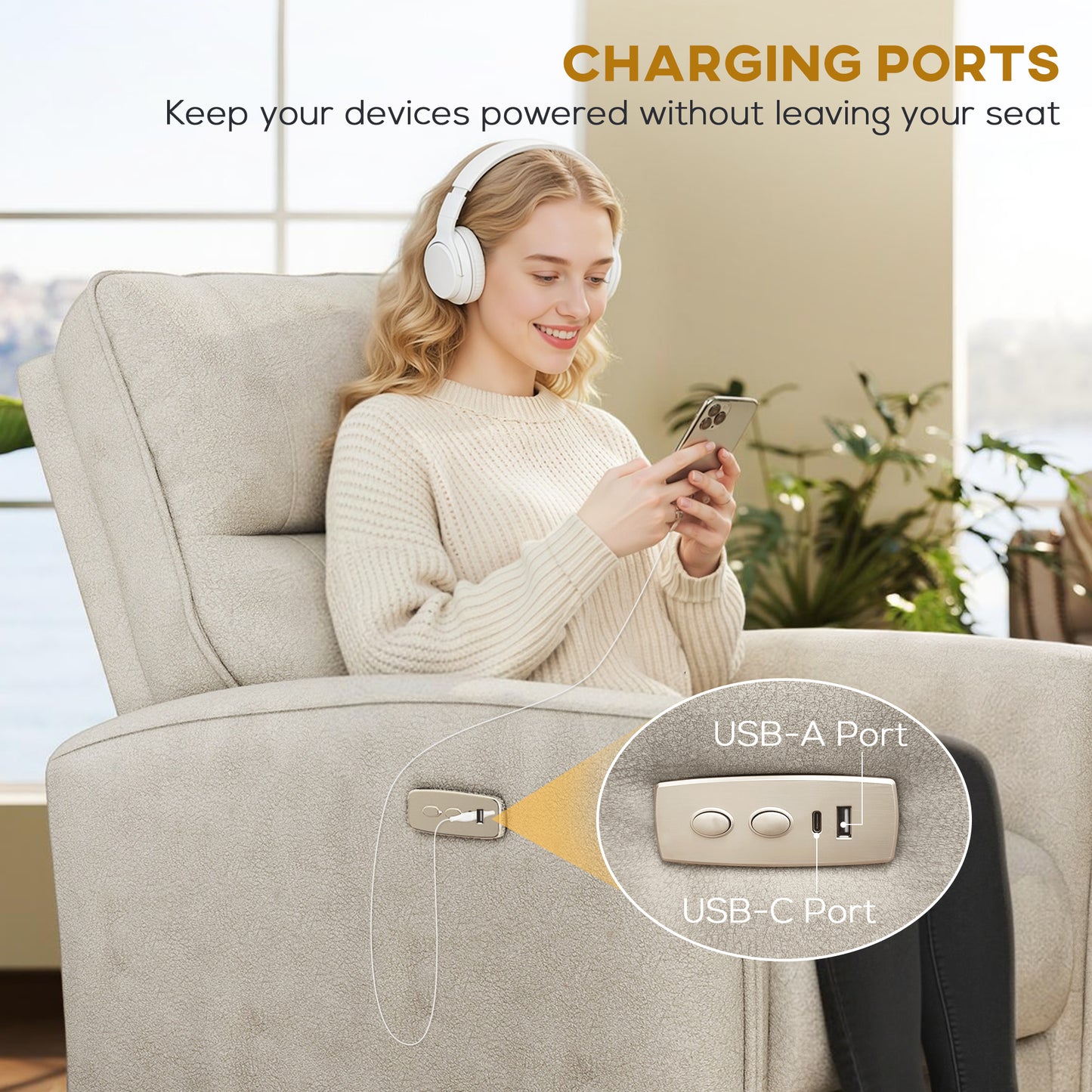 Power Recliner Chair, Fabric Upholstered Recliner Chair with USB Ports, Footrest, Beige