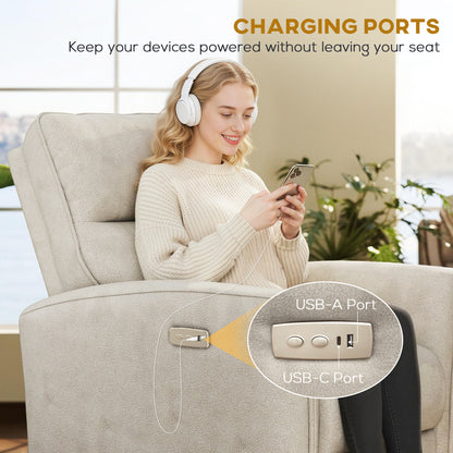 Power Recliner Chair, Fabric Upholstered Recliner Chair with USB Ports, Footrest, Beige