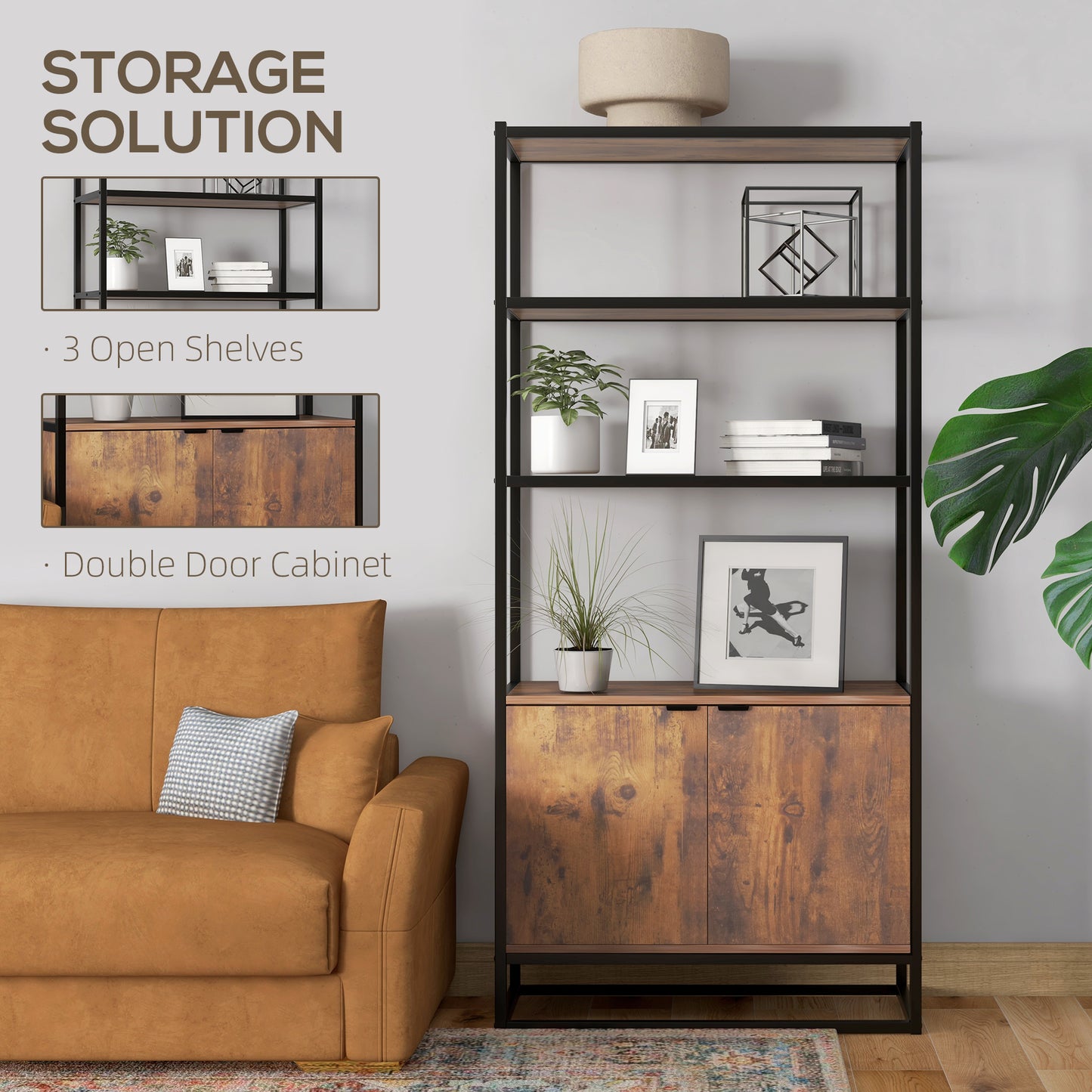 Storage Cabinet with 3 Open Shelves Cupboard Freestanding Tall Organizer Multifunctional Rack for Livingroom Bedroom Kitchen Rustic Brown