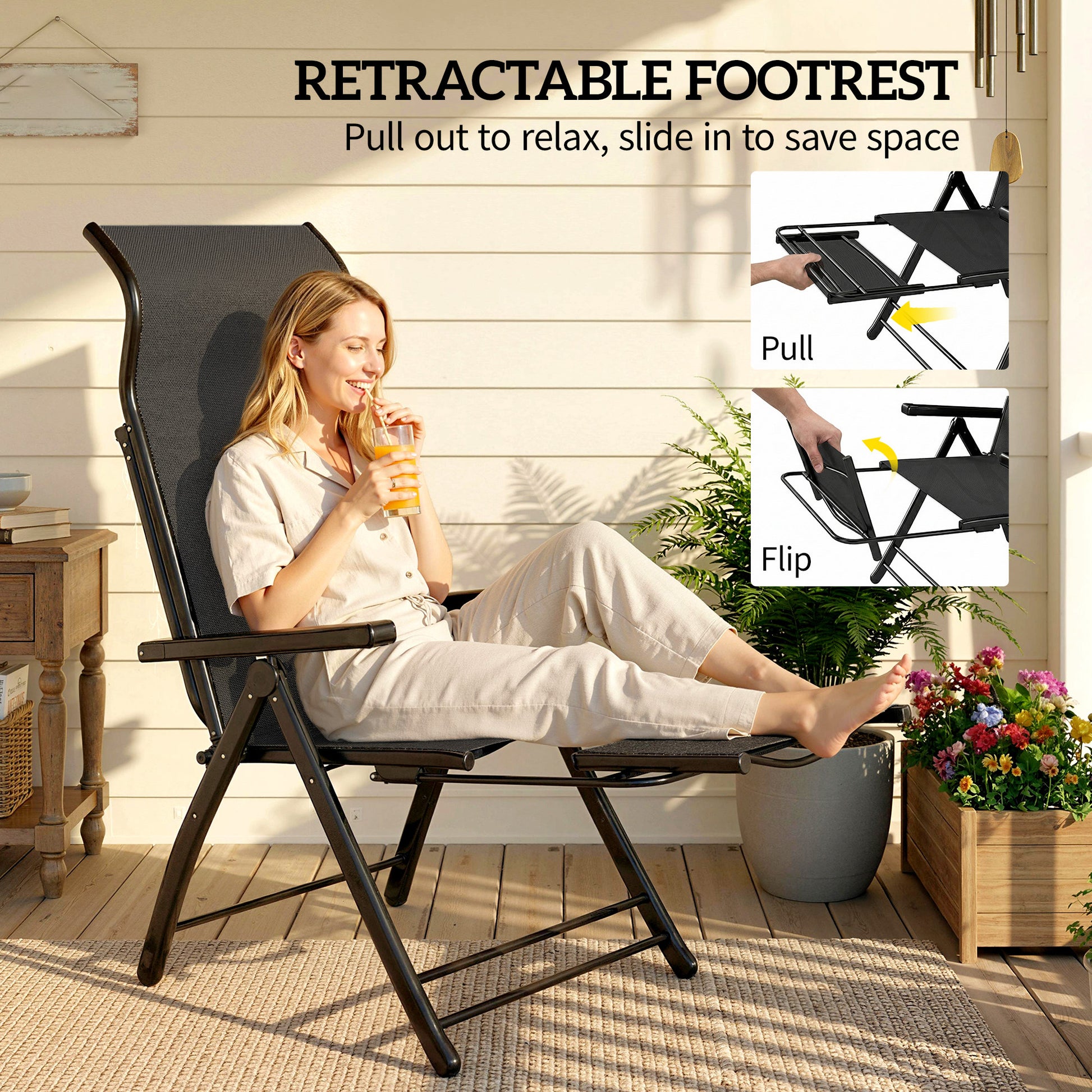 Folding Patio Chairs Set of 2, 5-Position Outdoor Lounge Chairs with High Back, Retractable Footrest, Black