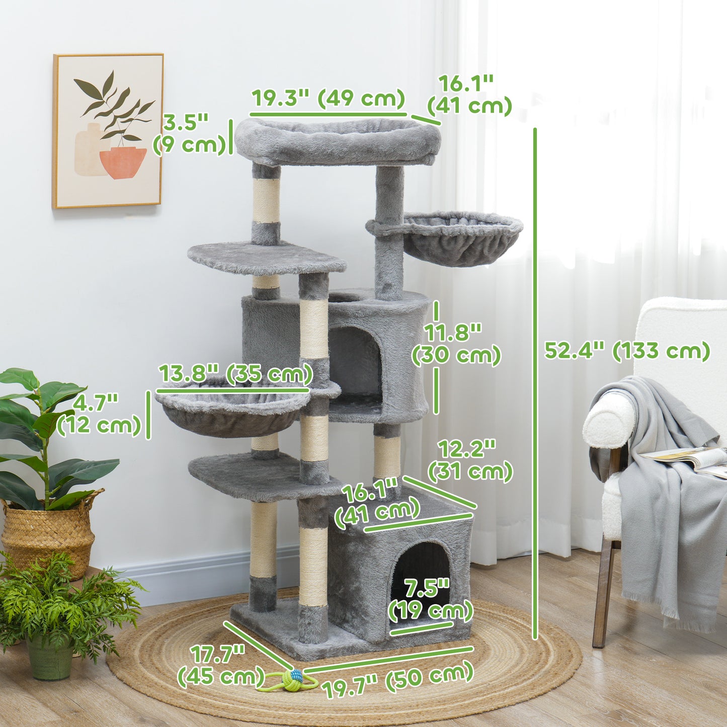 52.5" Cat Tree Tower with Scratching Posts, Cat Condos, Bed, Platforms, Hammocks, for Indoor Cats, Grey