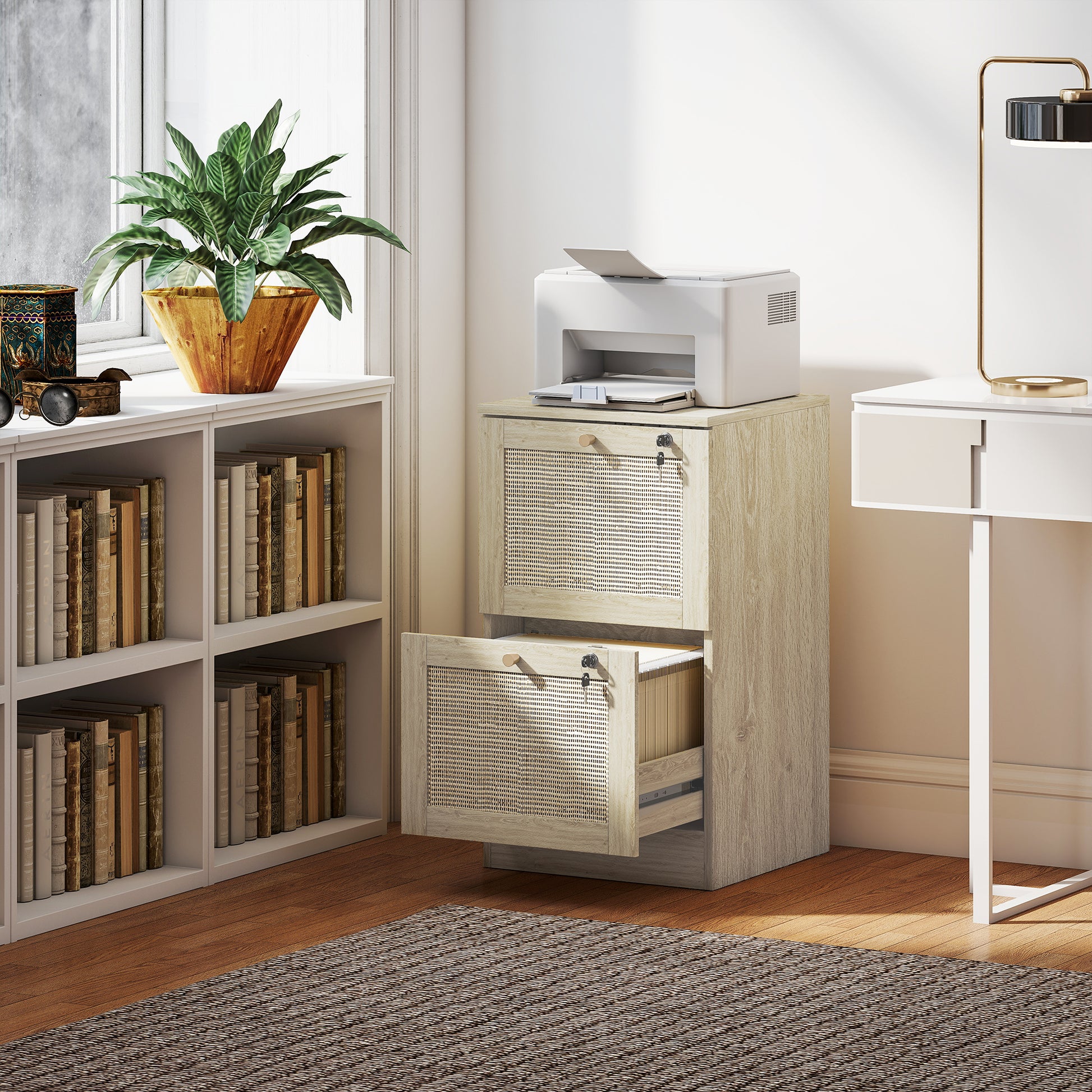 2 Drawer Filing Cabinet with Lock, Boho File Cabinet for A4 Letter Size Files with Decorative Rattan Accents, Oak