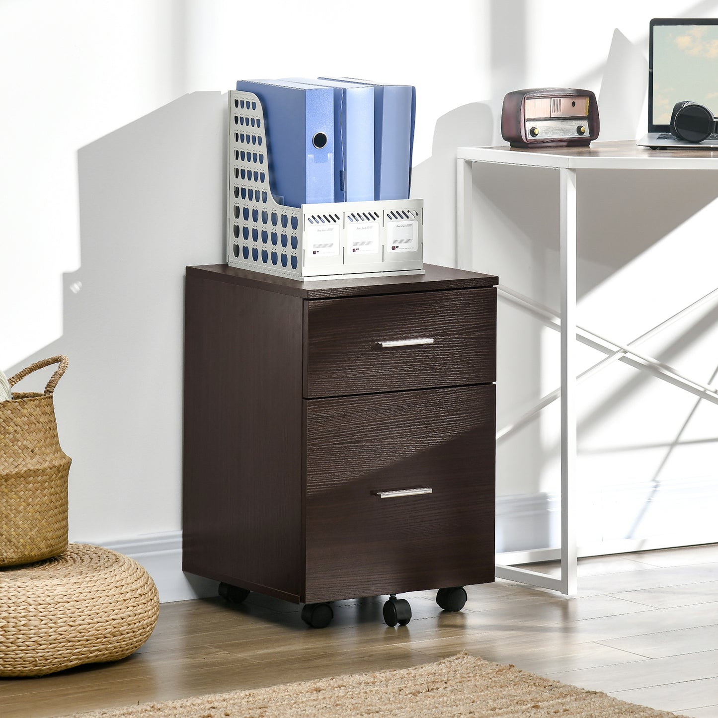Mobile Filing Cabinet, Vertical File Cabinet with 2 Drawers, Wheels, for Letter or A4 File, Brown