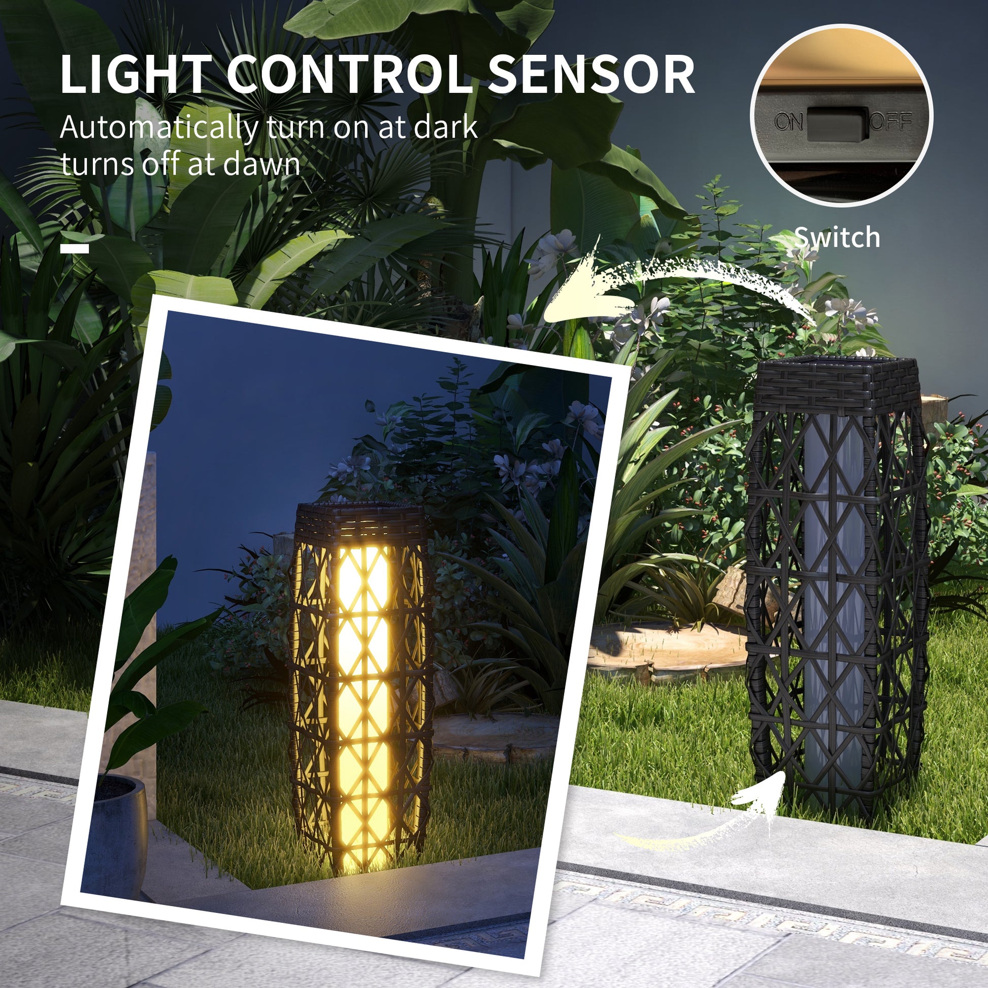 Wicker Outdoor Floor Lamp, Decorative Solar Lantern with Auto On/Off LED Lights, IP44 for Patio, Porch, Pathway, Grey