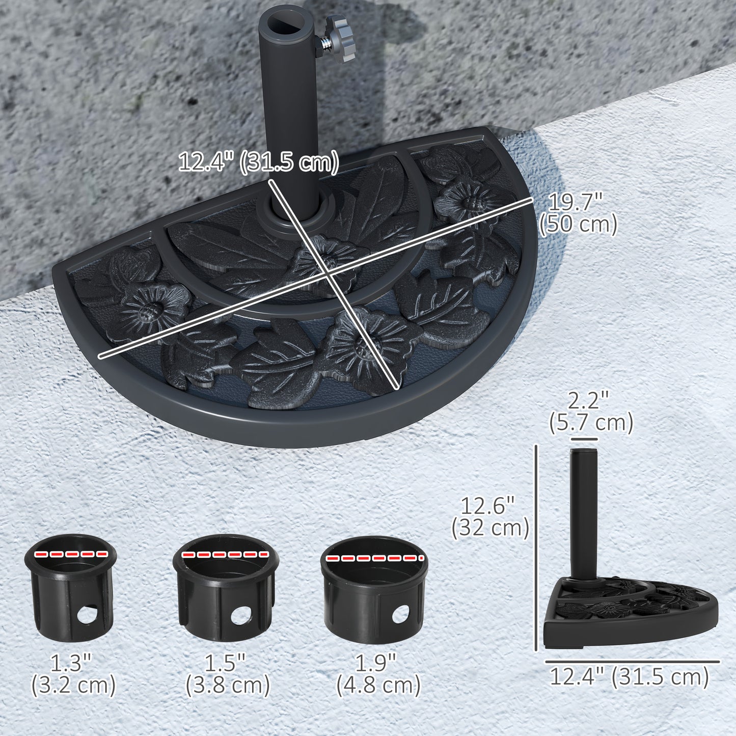 21 lbs Resin Half Umbrella Base, Concrete Half Umbrella Stand Outdoor Umbrella Base with Flower-Leaf Design, Patio Umbrella Stand for Outdoor Lawn Poolside, Black