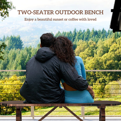 2-Person Outdoor Bench, Wood Garden Bench with Wagon Wheel Legs, Slatted Seat for Patio, Park, Backyard, Carbonized