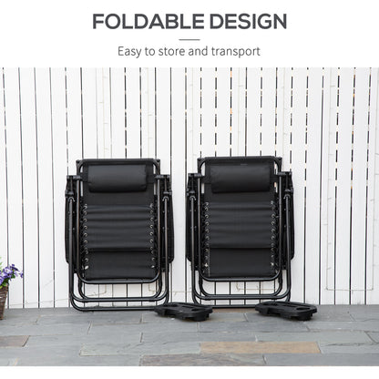 2 Piece Foldable Lounge Chair with Canopy Shade, Outdoor Zero Gravity Chair w/ Side Tray & Cup Holder, Reclining Lounger w/ Breathable Mesh Fabric Seat, Pillow, Black