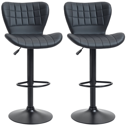 Bar Stools Set of 2, Adjustable Height Swivel Bar Chairs, PU Leather Upholstered Kitchen Counter Stools with Wide Seat, Back and Footrest, Black
