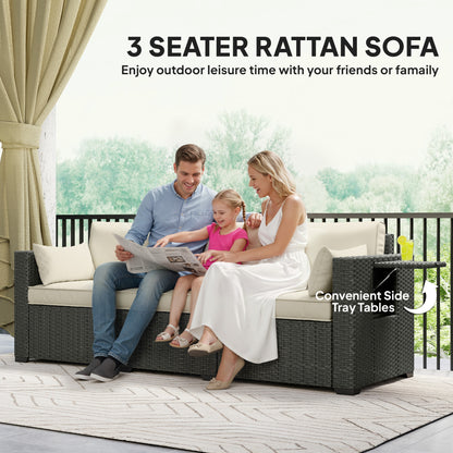 3 Seater Wicker Patio Sofa with Side Trays, Outdoor Couch with 6" Thick Back Cushions, Deep Seating, Cream White