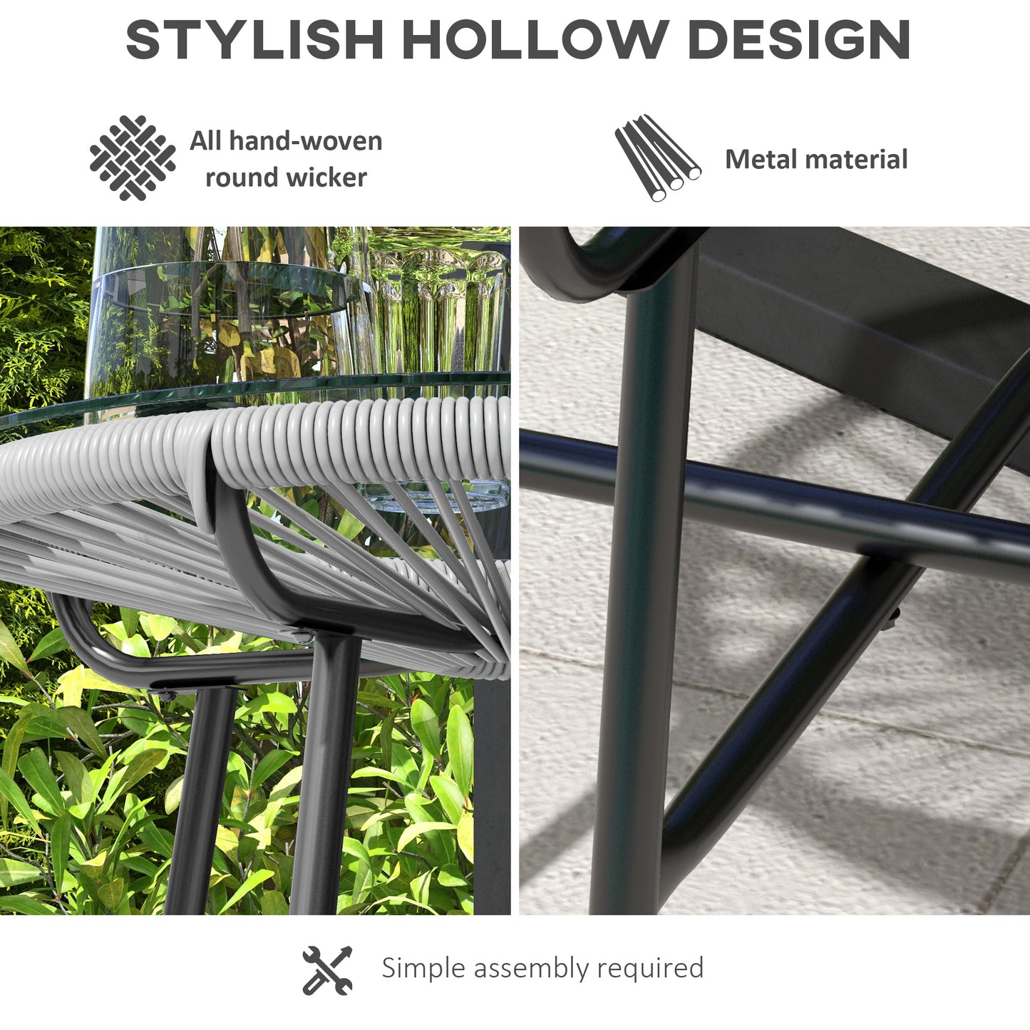 Rattan Side Table, Round Outdoor Table, with Round PE Rattan and Tempered Glass Table Top for Patio, Garden, Grey