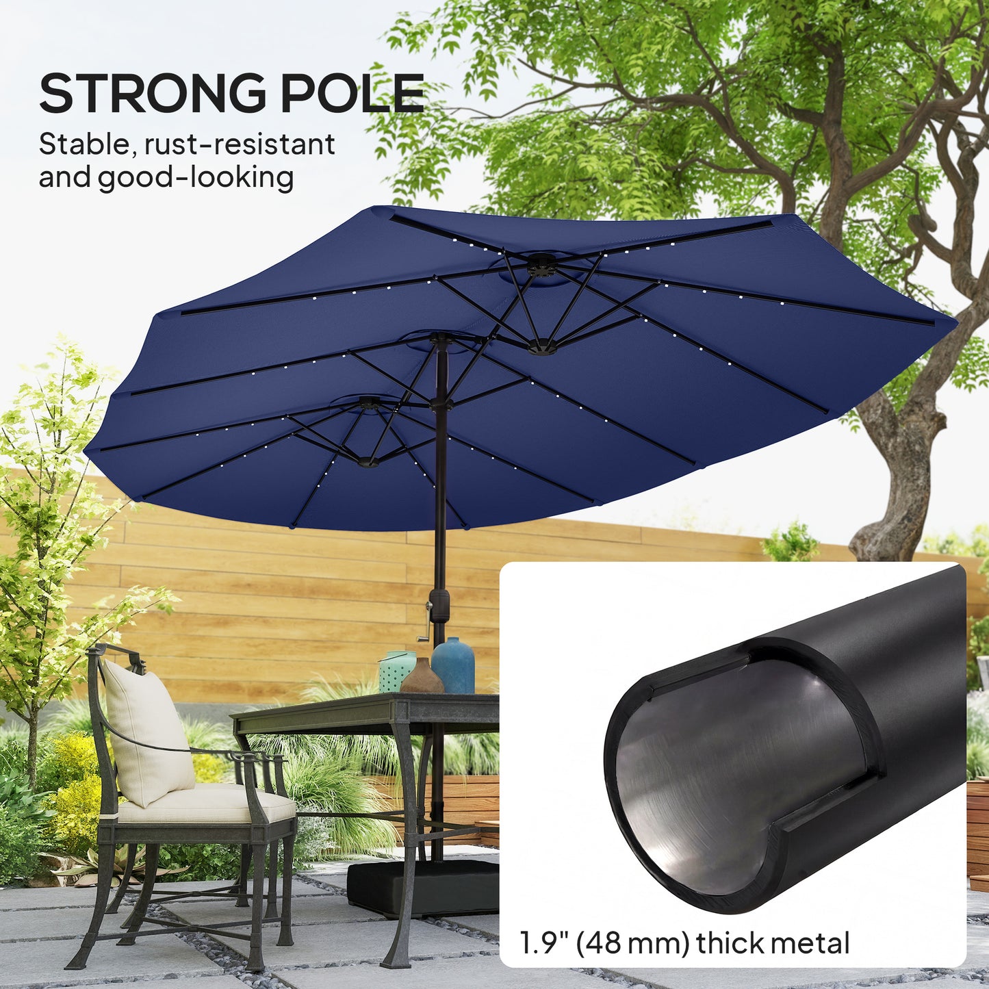 Double-sided Patio Umbrella with Base Included & 48 LED Lights 15ft Dark Blue