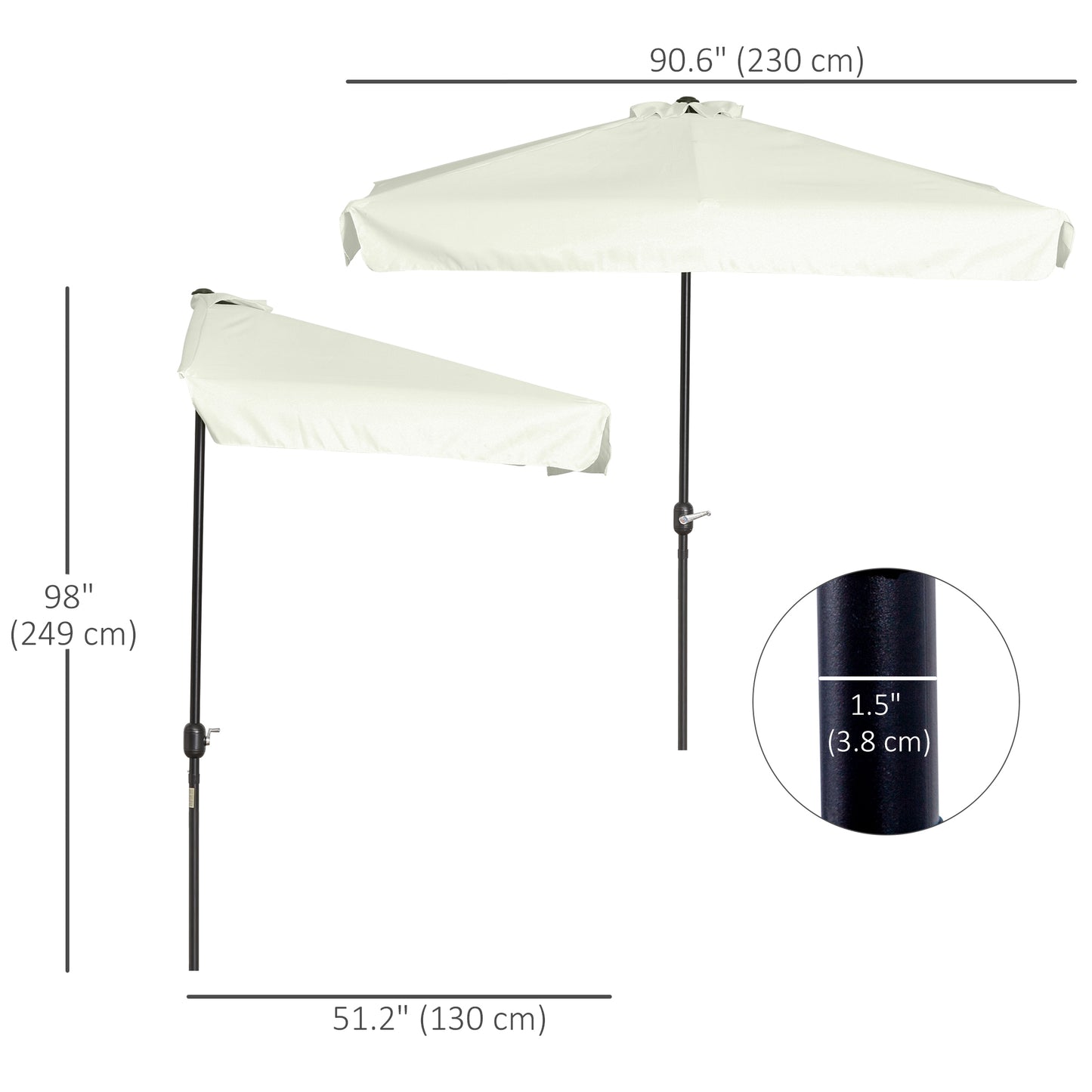 7.5ft Half Umbrella Semi Patio Parasol with Crank Handle, Top Vent for Garden, Balcony- NO BASE INCLUDED, Cream