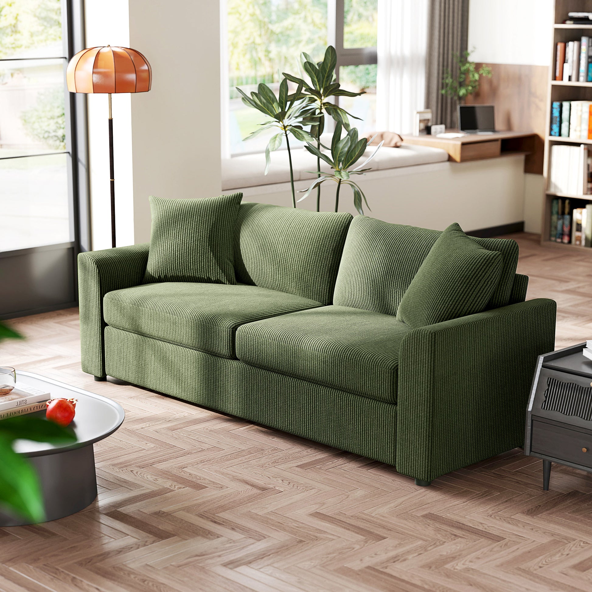 3 Seater Sofa, 83.5" Modern Upholstered Couch with Pocket Spring and 2 Scatter Cushions for Living Room, Green