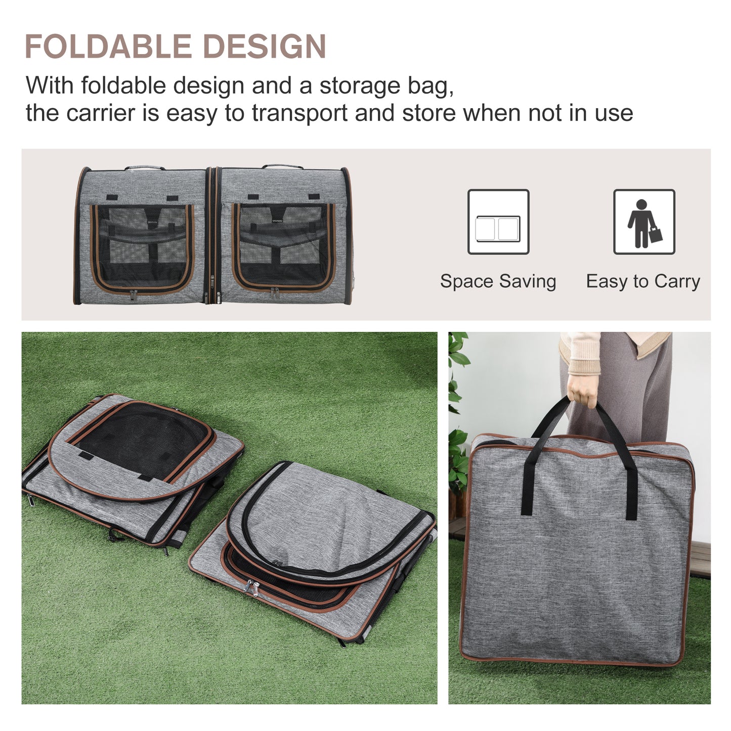 39" Travel Pet Carrier, Portable Soft-Sided Cat Carrier with Divider, Two Compartments, Cushions, & Storage Bag, Grey